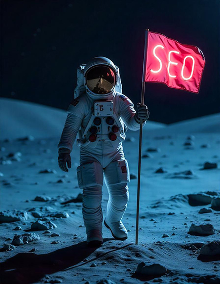 Astronauta con la bandera de SEO en la luna, Tu también puedes posicionar tu Web Sin Gastar un centavo.