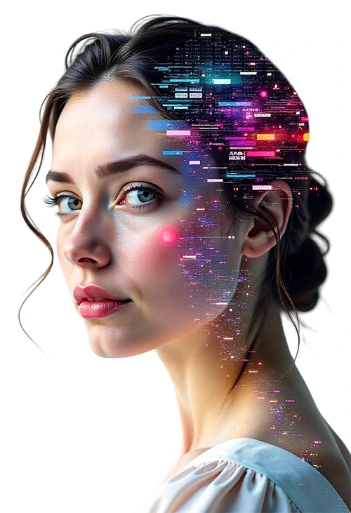 Una mujer con aspecto futurista creacion con IA para agencia de diseño web