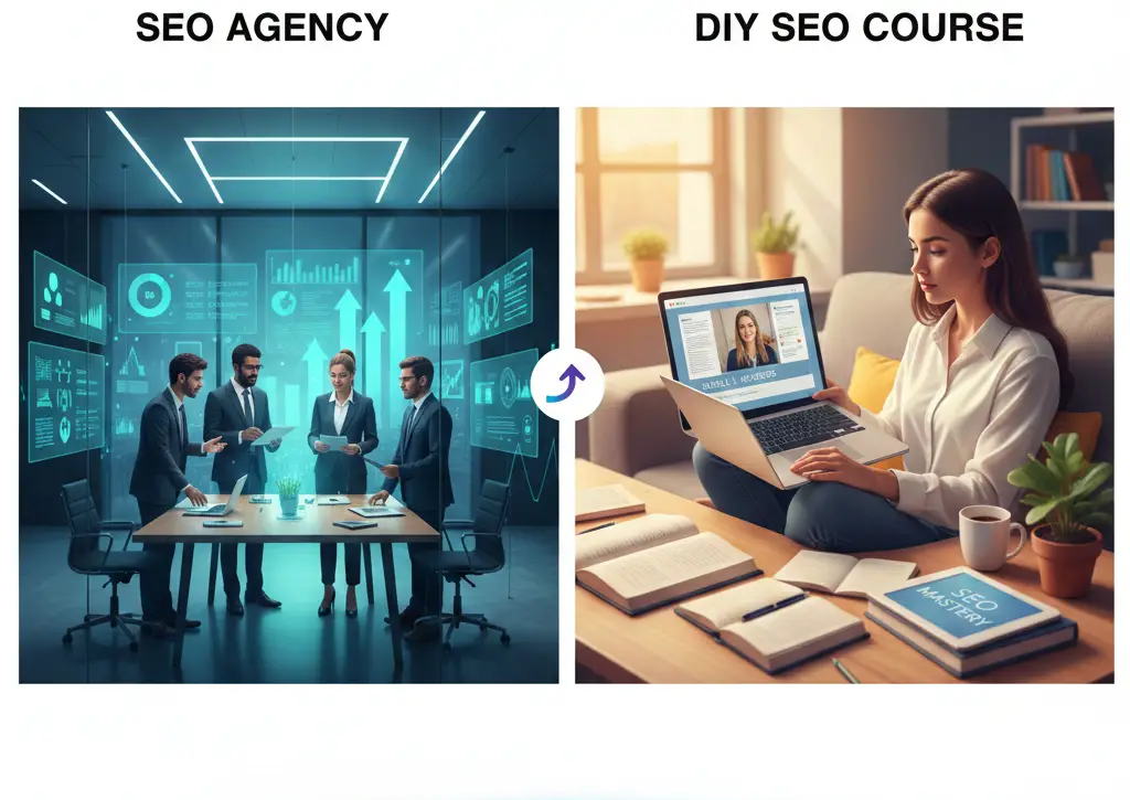 imagen comparativa de Curso SEO vs Agencia SEO